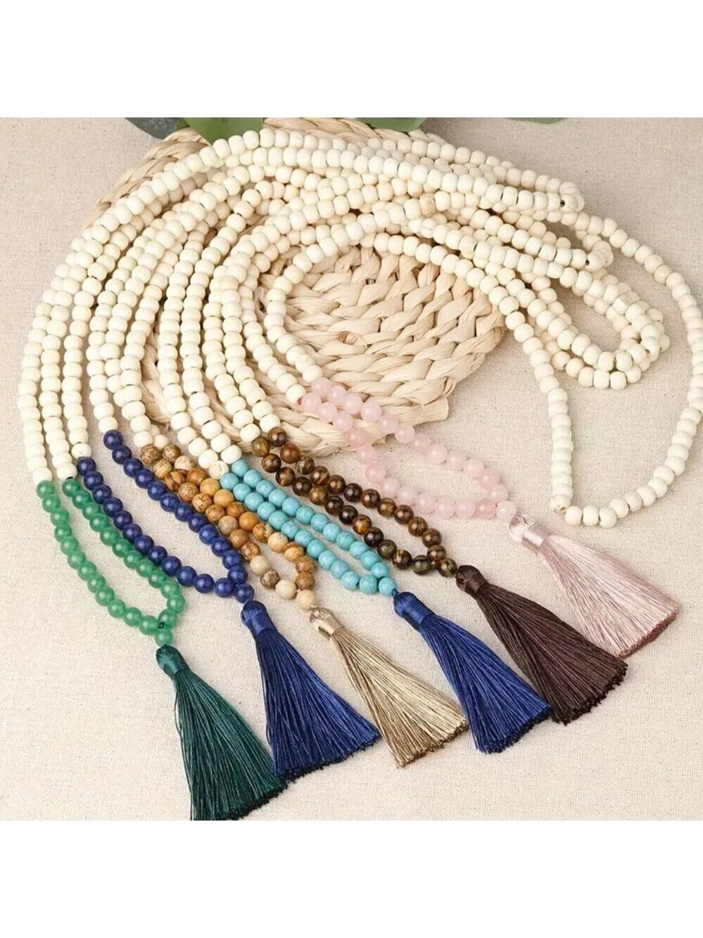 Handmade Boho Tassel Necklace Wooden & Blue Lapis Stone Beads β 34β Long #1501 - Picture 3 of 7